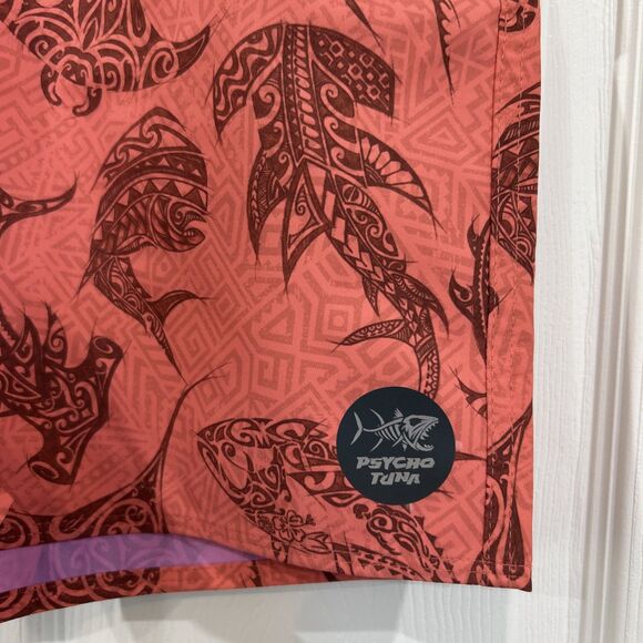 Psycho Tuna Men's XL Swim Trunks Shorts Tribal Fish Print Peach Echo - Picture 3 of 12